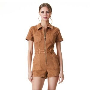 Alice + olivia Utility Short Sleeve Zip Romper in Camel